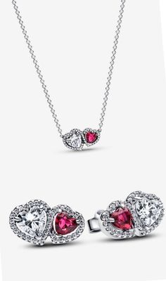 Pandora Double Heart Silver/pink Necklace Set