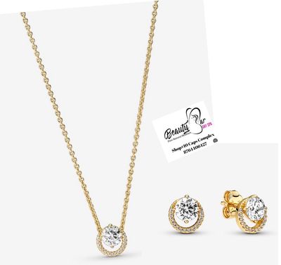 Pandora Sparkling Round Halo Gold/silver Necklace Set