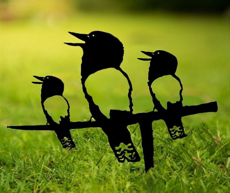 Kookaburra Family - Bird Design Metal Silhouette Sculpture - Corten Steel Garden Art