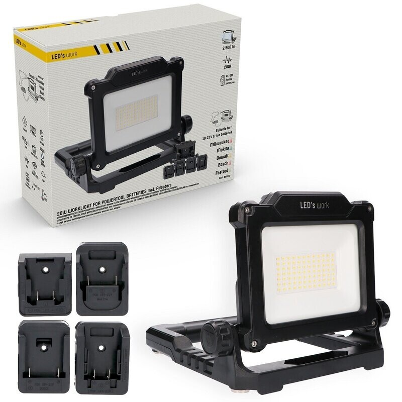 SHADA LED Arbeitsleuchte + 4 Akku Adapter Makita-DeWalt-Milwaukee-Bosch-Festool - dimmbar - USB Ladebuchse für externe Geräte 20W 2500lm 5000K Baustrahler Handlampe Leuchte Strahler SHADA LED Arbeitsleuchte + 4 Akku Adapter Makita-DeWalt-Milwaukee-Bosch-Festool - dimmbar - USB Ladebuchse für externe Geräte 20W 2500lm 5000K Baustrahler Handlampe Leuchte Strahler
