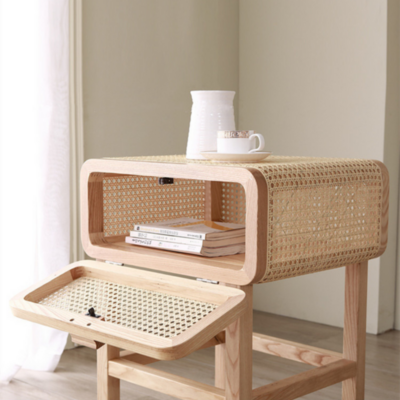 Wooden Bedside Table sync Rattan Woven Craft