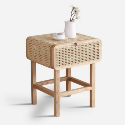 Wooden Bedside Table sync Rattan Woven Craft