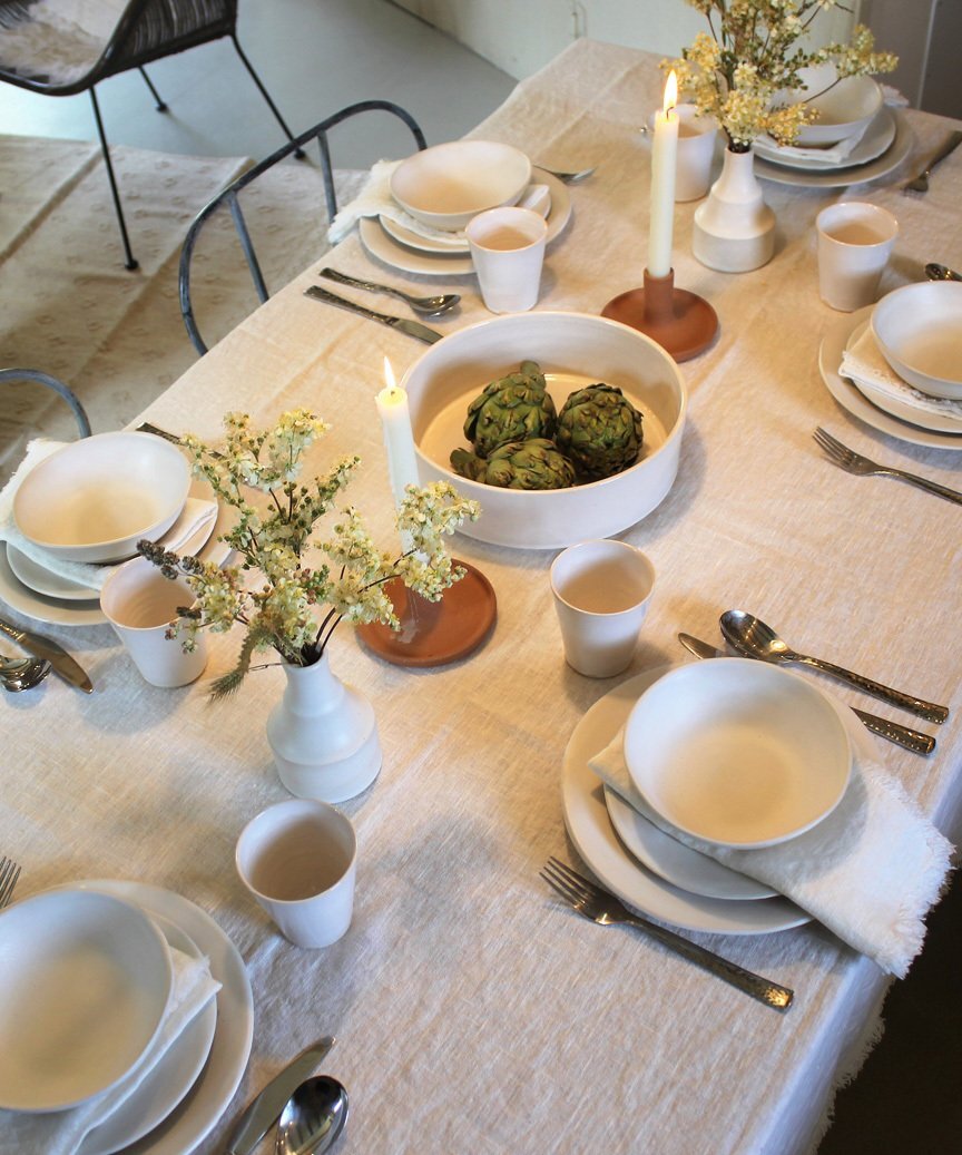 Mantel  Blanco de  Lino Orgánico con Flecos