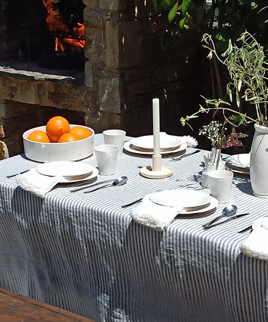 Mantel de Rayas en Blanco y Azul Marino de Lino Orgánico