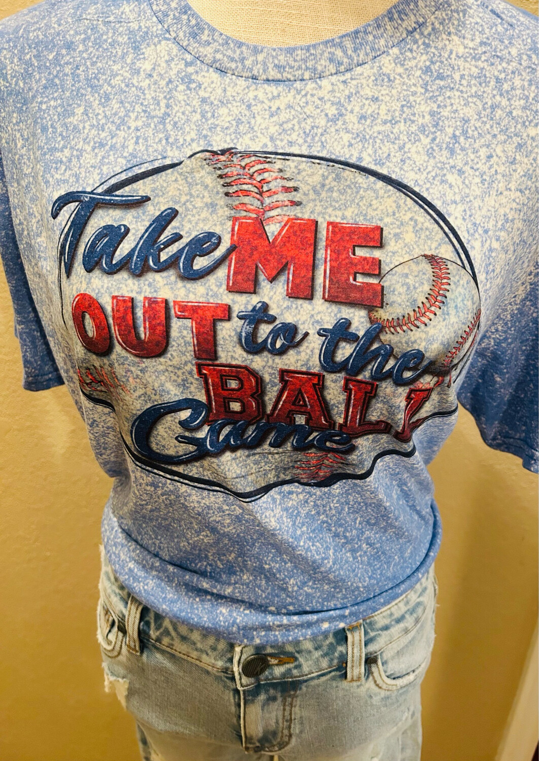 Take Me To The Ball Game Baseball Blue Bleached Graphic Tee