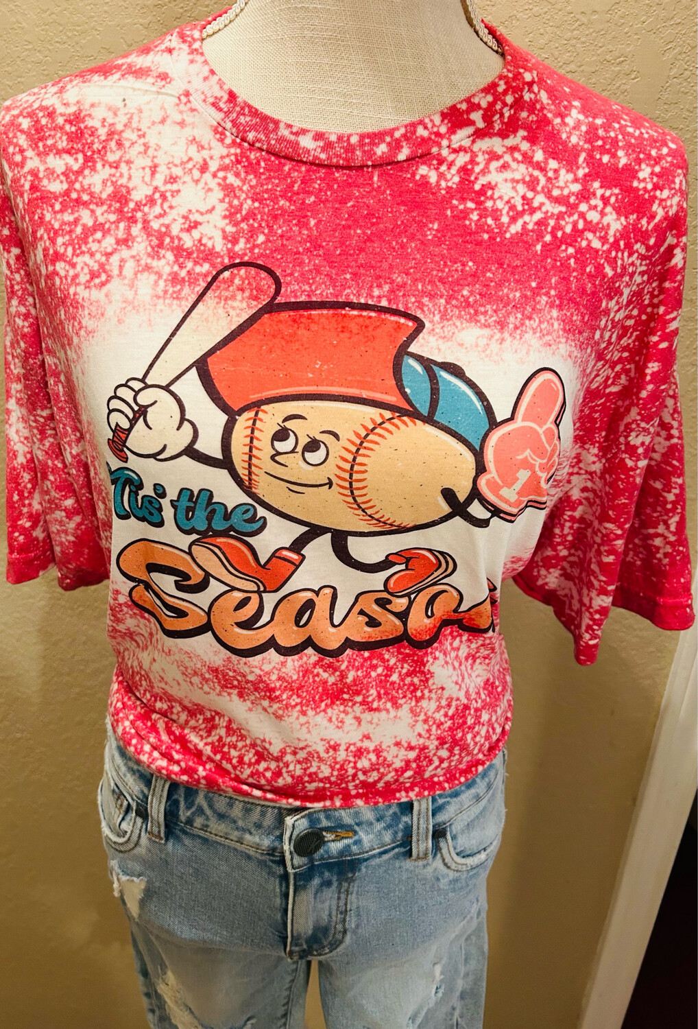 Tis The Season Baseball Red Bleached Graphic Tee