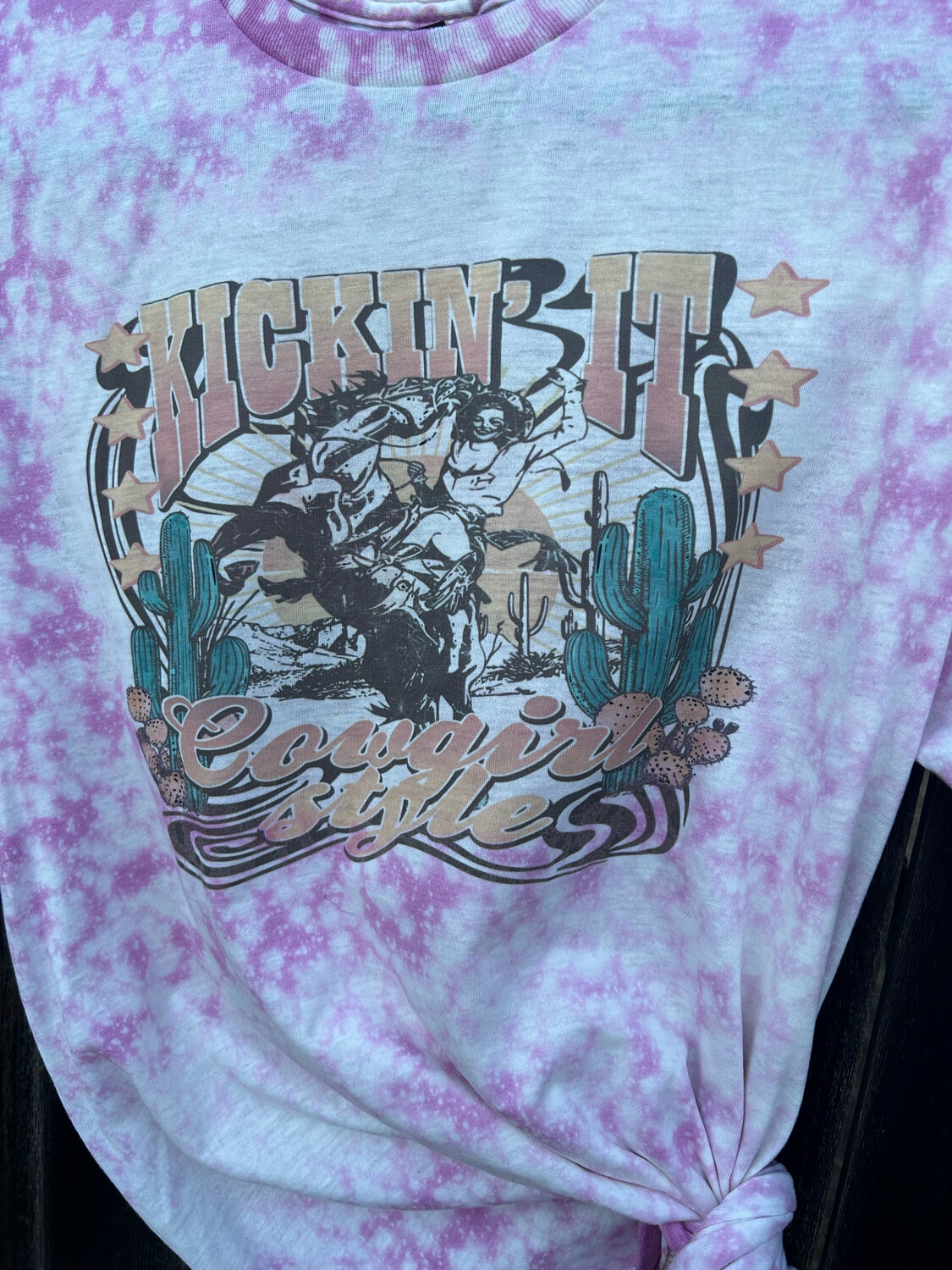 Kicking It Cowgirl Style Bleached Graphic Tee