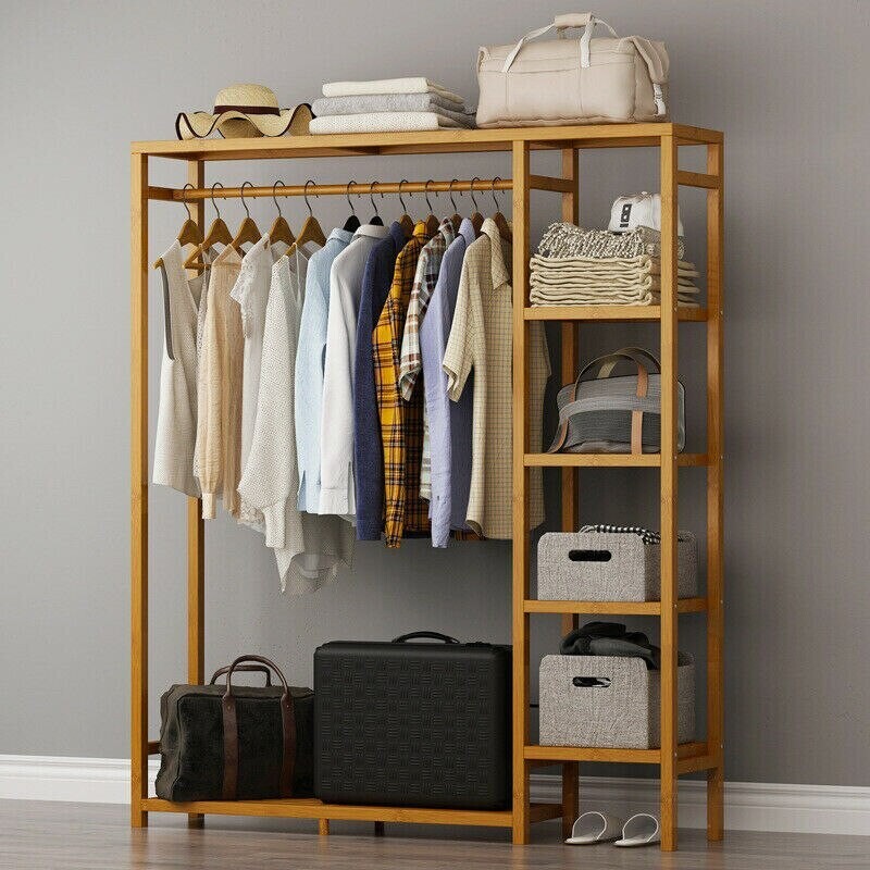Bamboo Wood Clothing Garment Rack with Shelves Clothes Hanging Rack