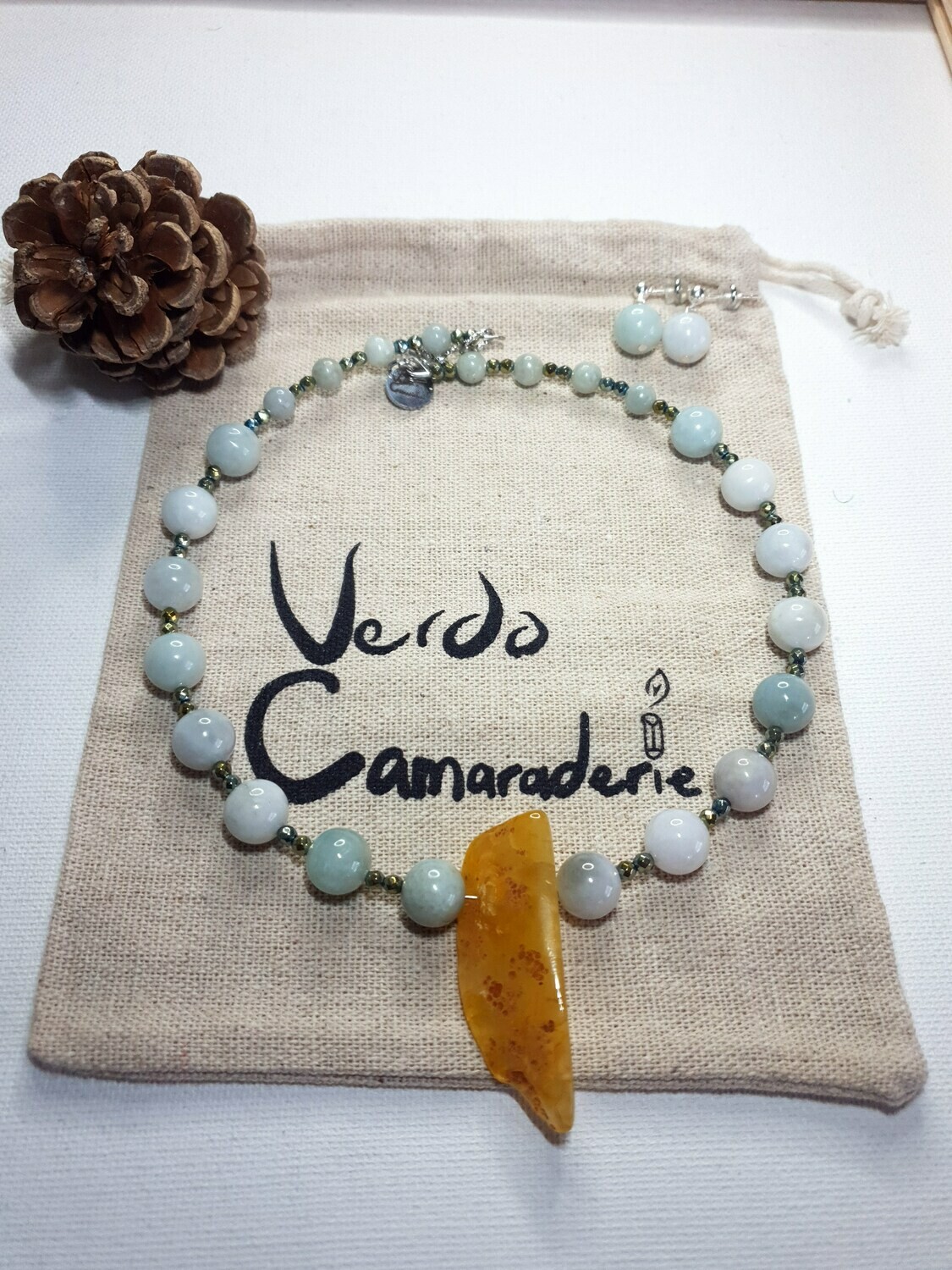 Burma Jade necklace and earrings mixed with Raw Agate slice, plated hematite and 925 sterling silver hook.