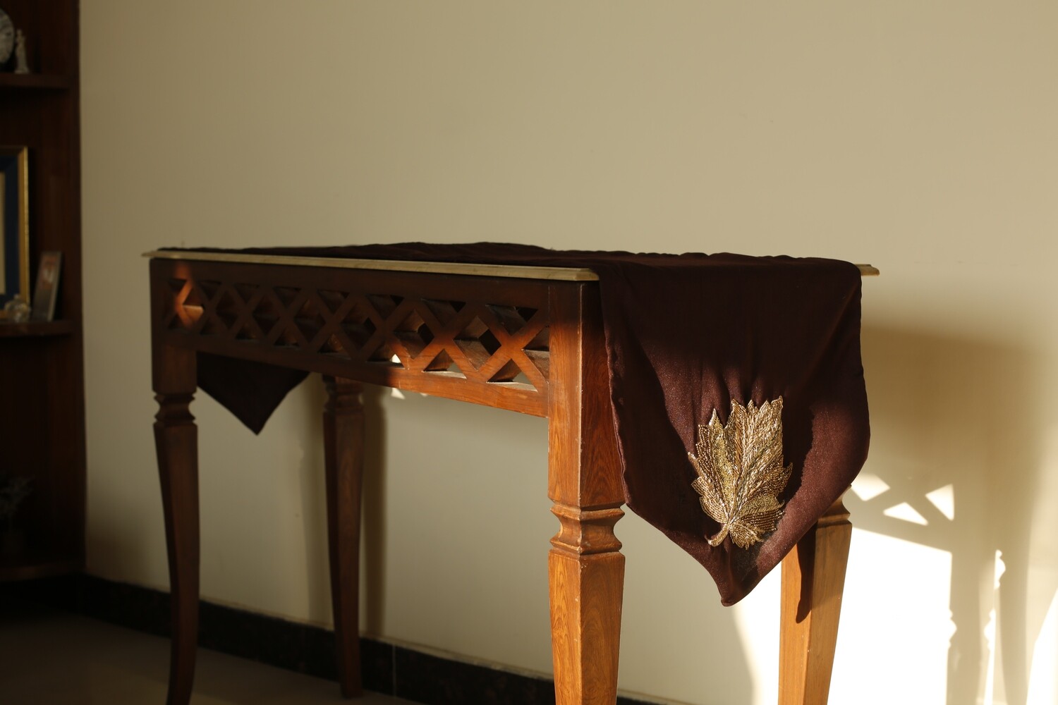 Brown Embroidered Faux Silk Runner