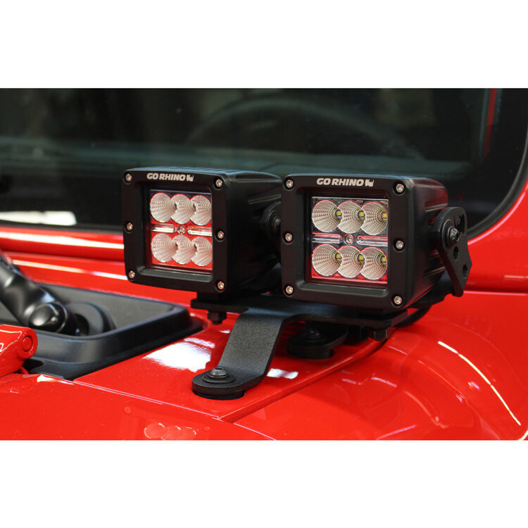 Windshield cowl mounts for a LED 3x3" Dual Cube Go Rhino