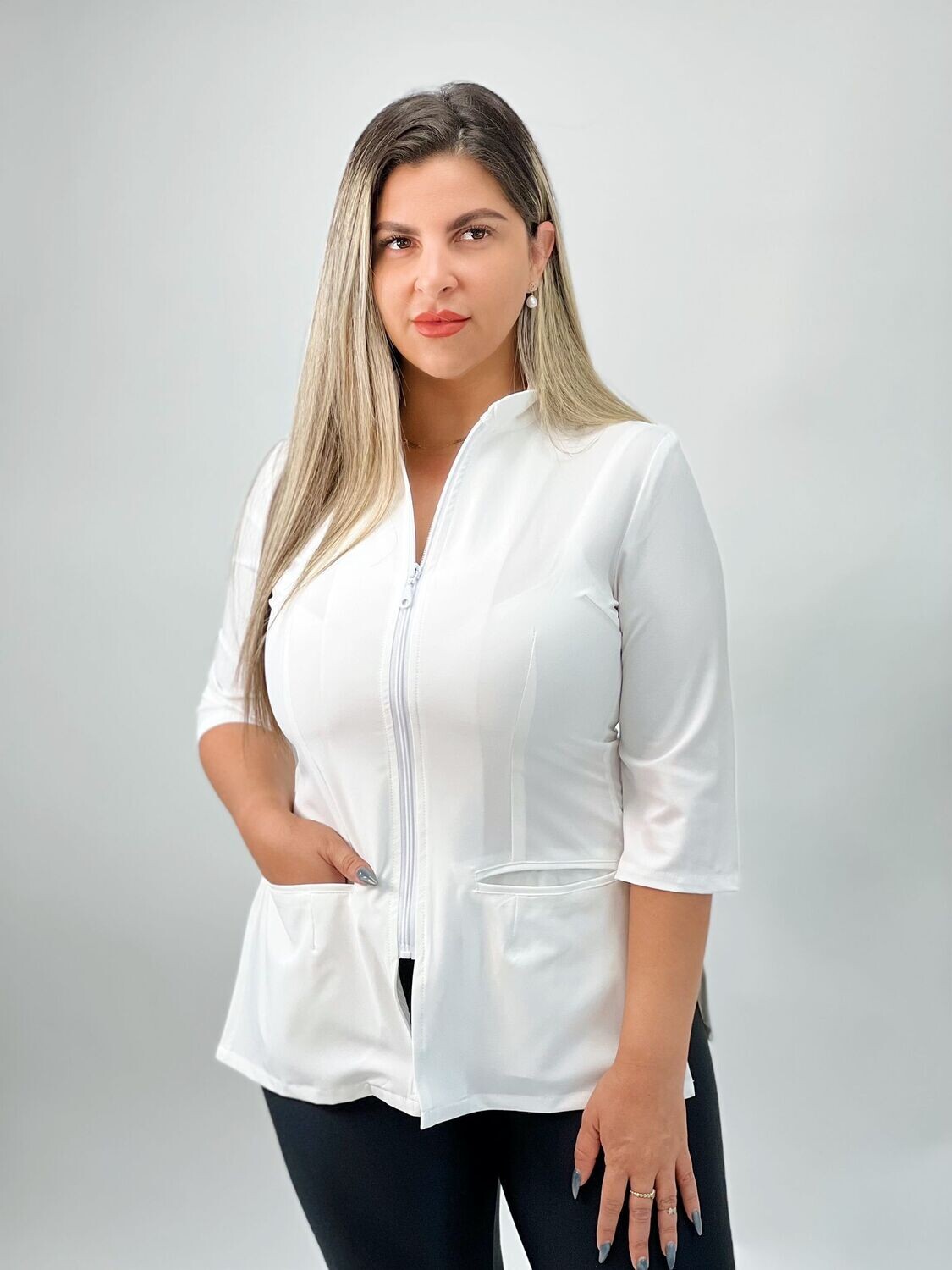 White Aesthetician Uniforms ( 3/4 Long Sleeve Style 2 )
