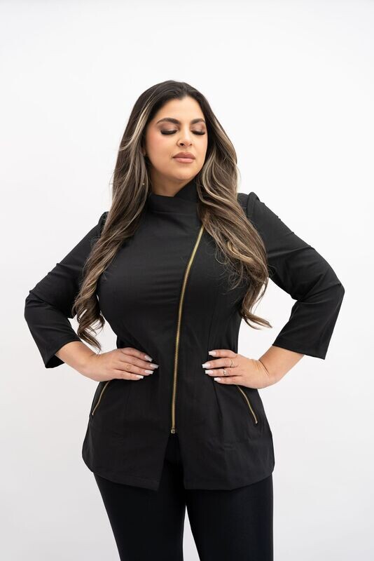 Black Aesthetician Uniforms 3/4 Sleeve  Gold Zipper ( 3/4 Sleeve Style 1 )