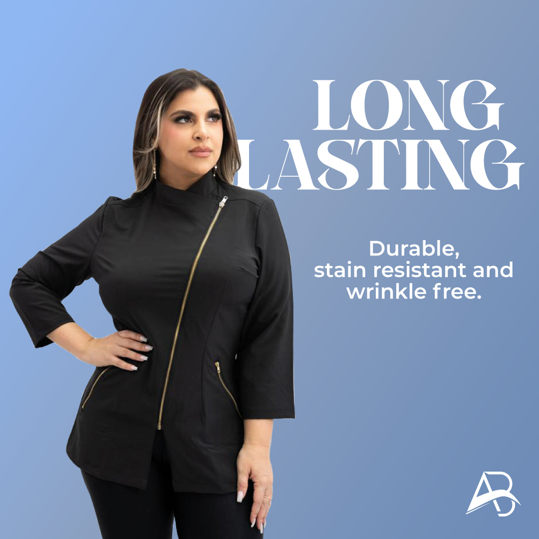 Black Aesthetician Uniforms 3/4 Sleeve  Gold Zipper ( 3/4 Sleeve Style 1 )