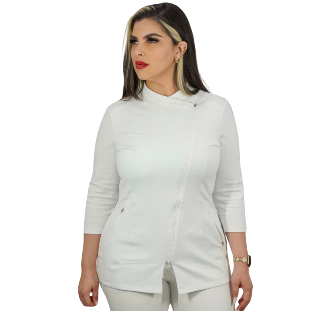 Uniforme de esteticista blanco manga 3/4 (doble capa delantera)