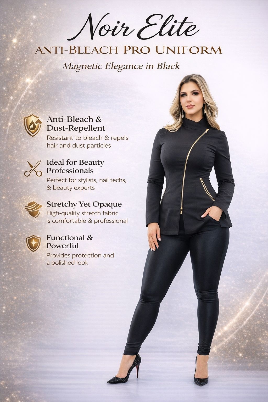 Black Aesthetician Uniforms Gold Zipper ( Style 1 Long Sleeve )