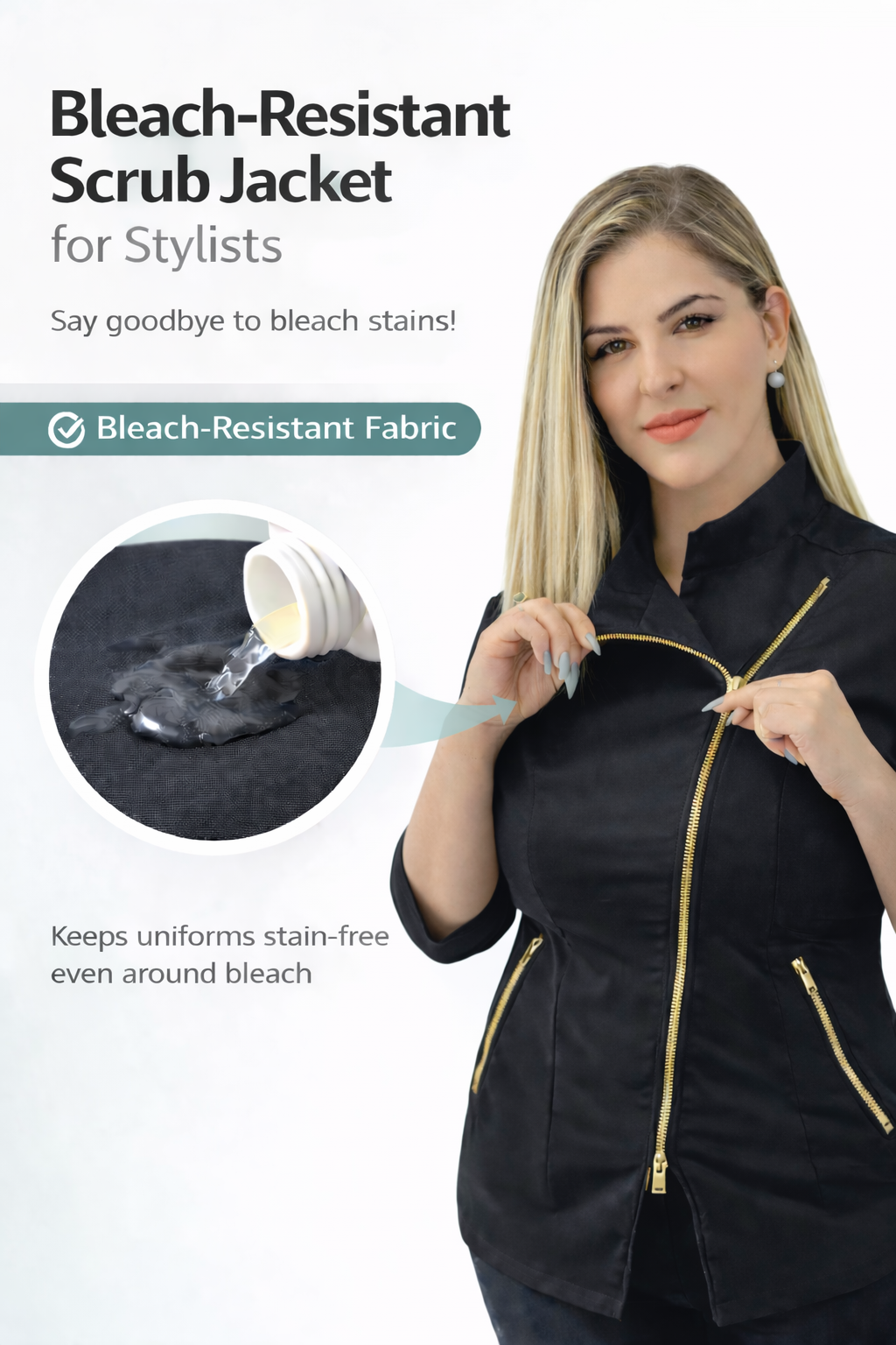 Black Aesthetician Uniforms 3/4 Sleeve  Gold Zipper ( 3/4 Sleeve Style 1 )