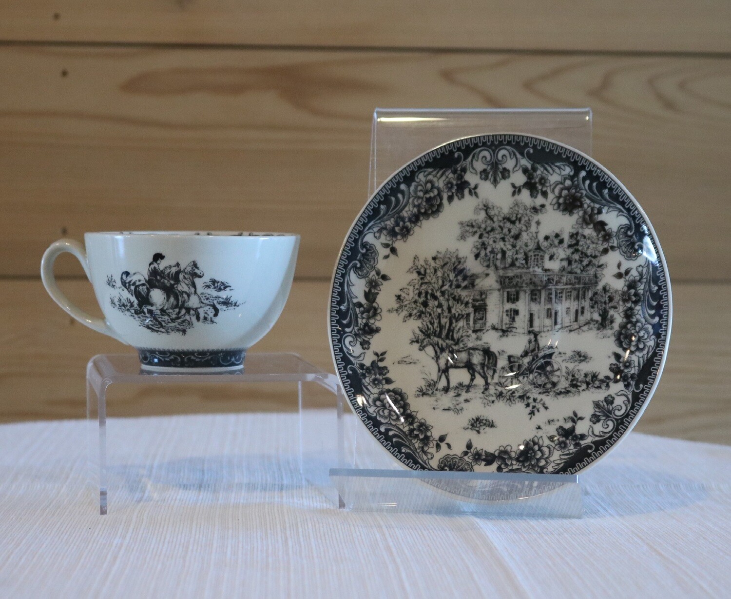 Equestrian Tea Cup and Saucer in Black Transferware