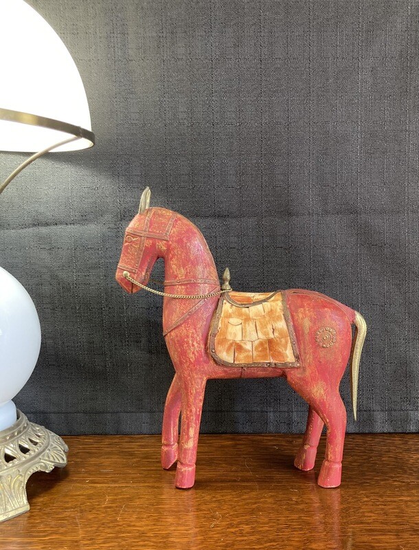 Vintage Horse Figurine Carved Wood with Stone Inlay