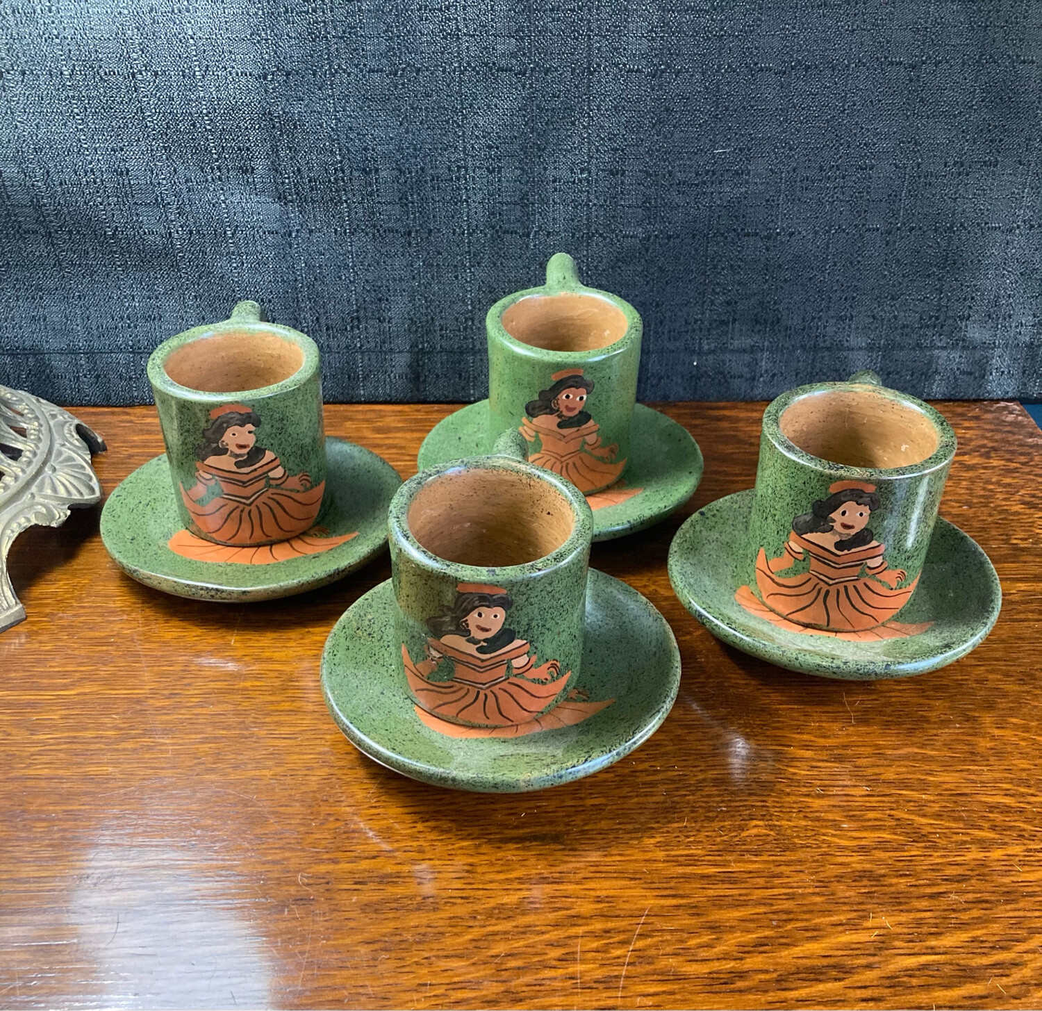 Set of 4 Green Hand painted Espresso Set