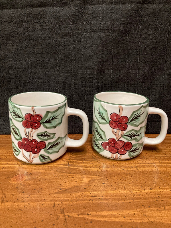 2-piece Hand Painted Ceramic Holly-Themed Cups - World Bazaar's Inc.