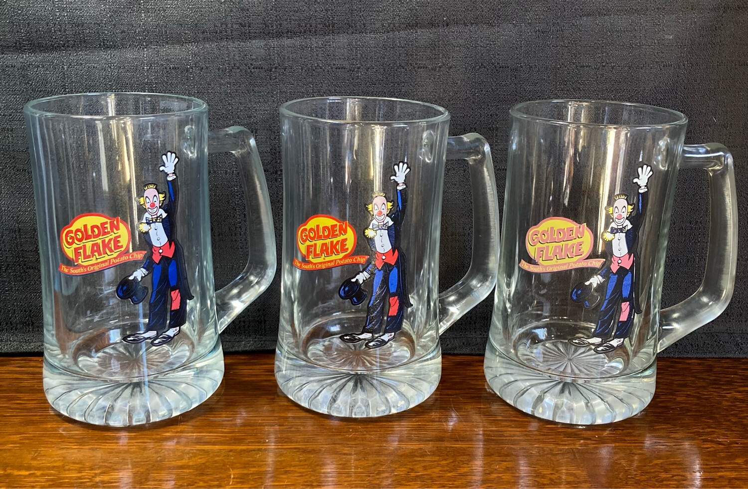 Set of 3 Vintage Golden Flake The South's Original Potato Chip Heavy Glass 20 Oz Beer Mugs