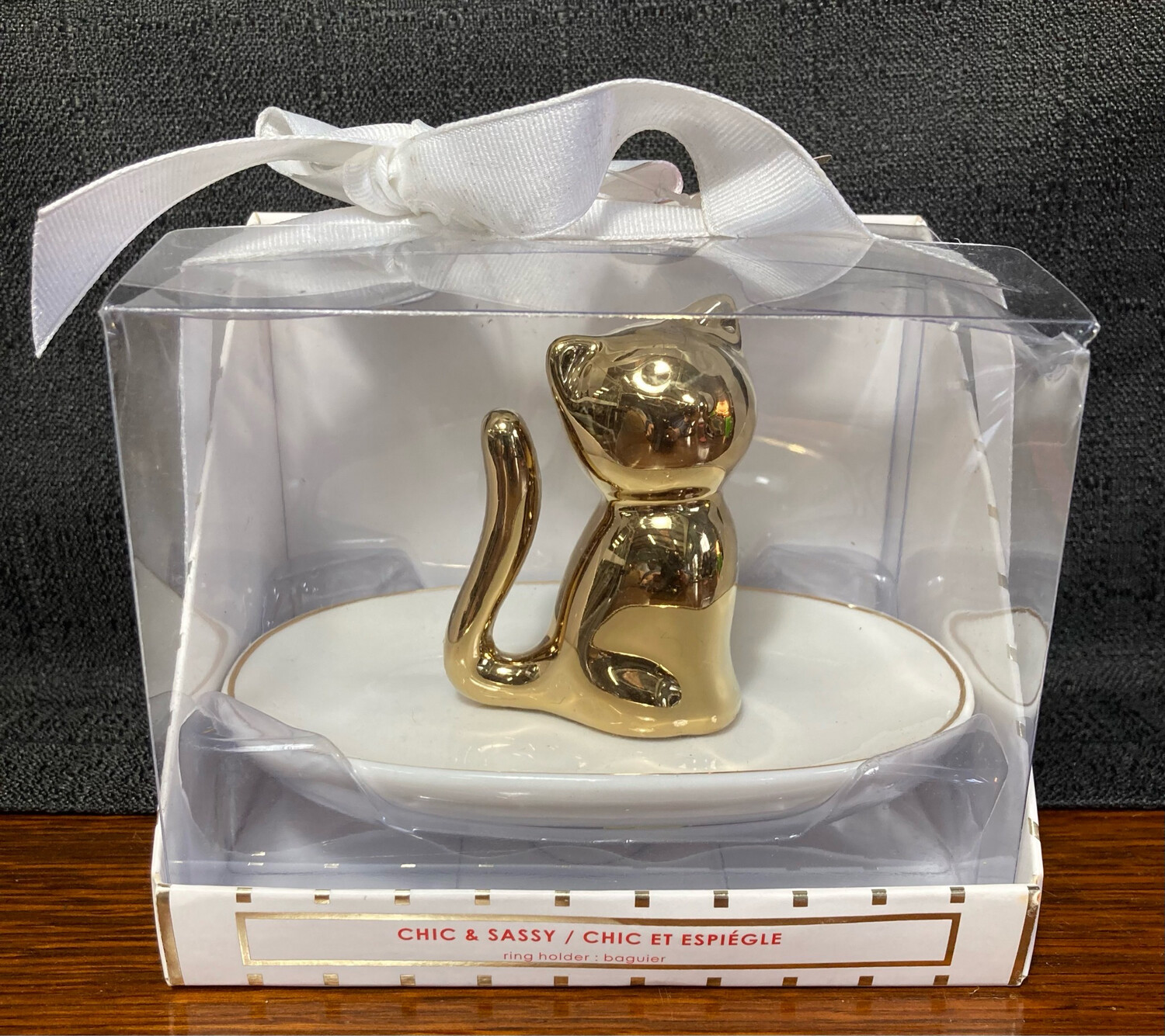 Chic & Sassy Cat Ring Holder Golden Kitten on Ceramic Plate