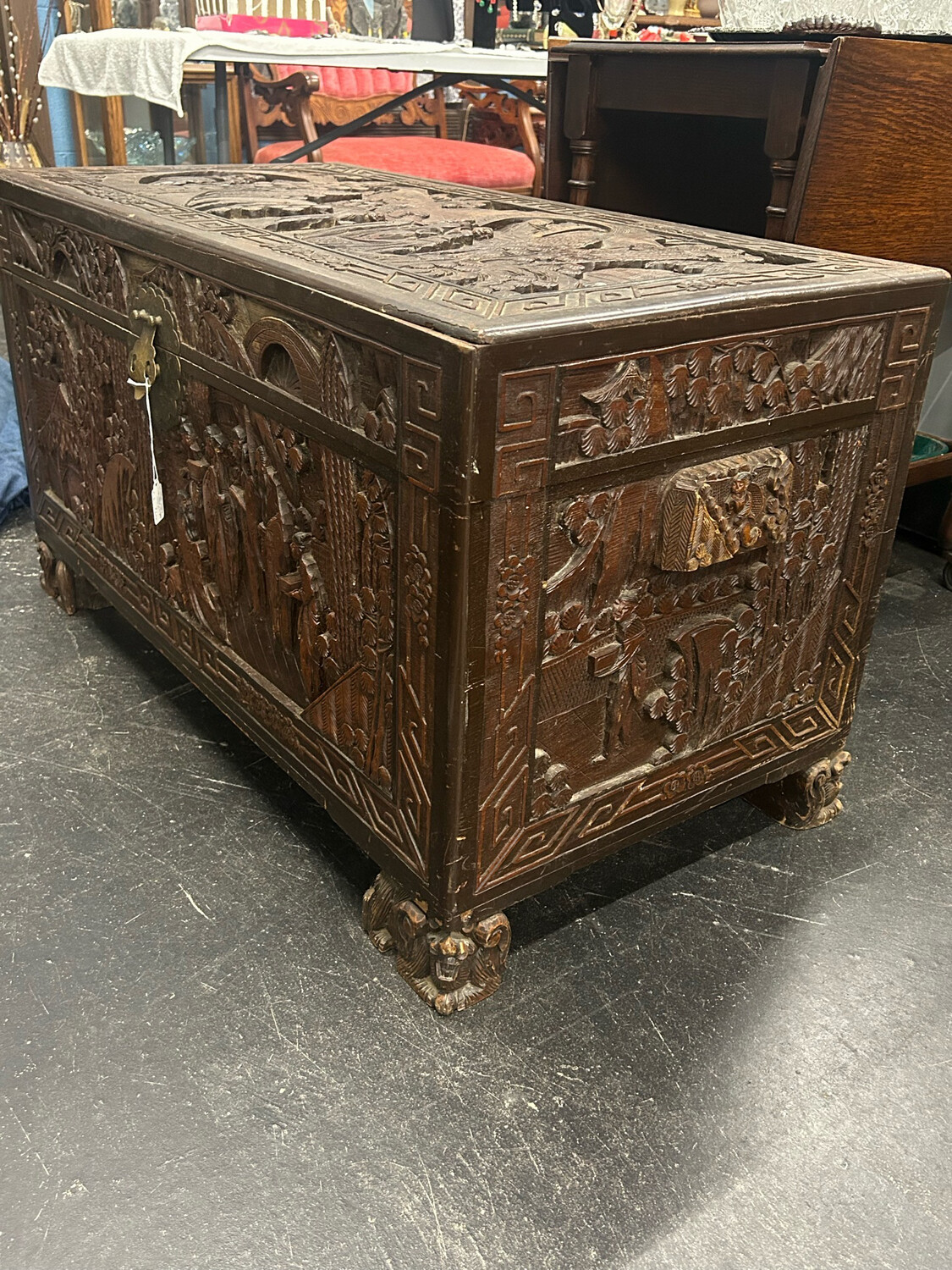 Vintage Wood Carved Campler Trunk