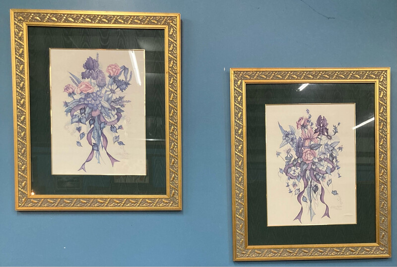Set Of 2 Framed Over Glass Flower Bouquet Art