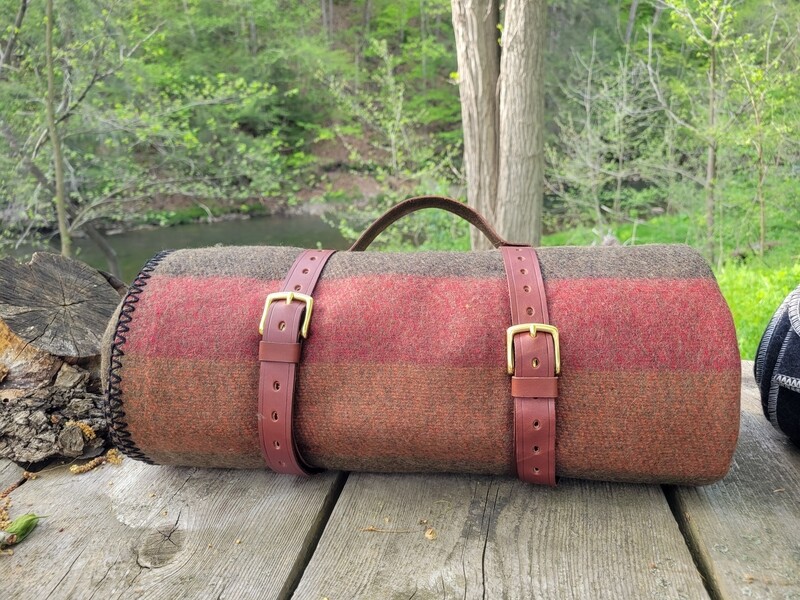 Green Tri-Color Striped 100% Wool Blanket Roll with Leather Harness