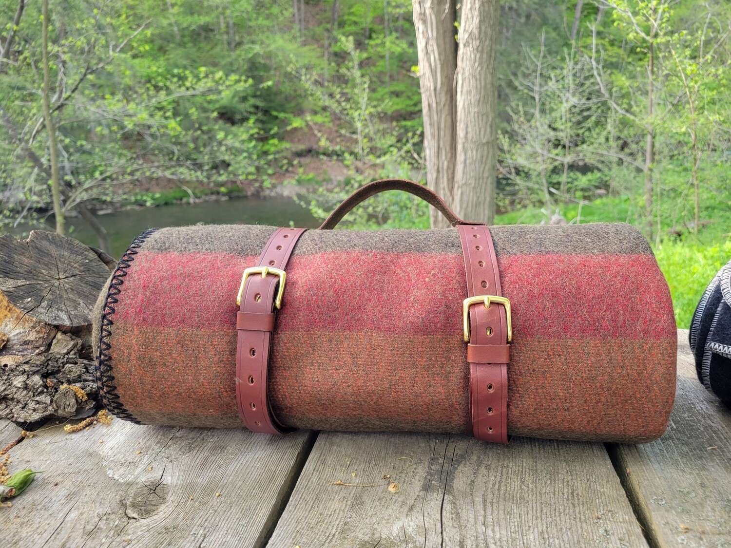 Green Tri-Color Striped 100% Wool Blanket Roll with Leather Harness