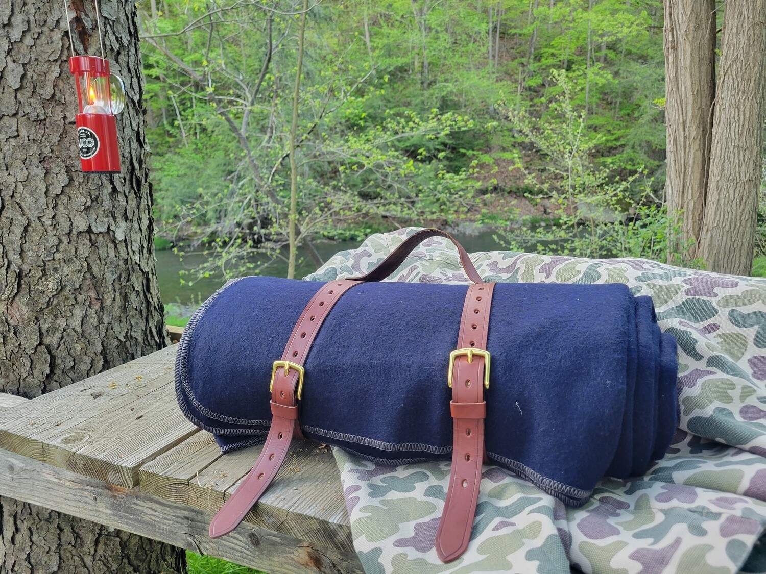 Navy Blue 100% Wool Blanket Roll with Leather  Harness