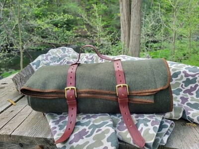 Green 100% Wool Blanket Roll with Leather Harness