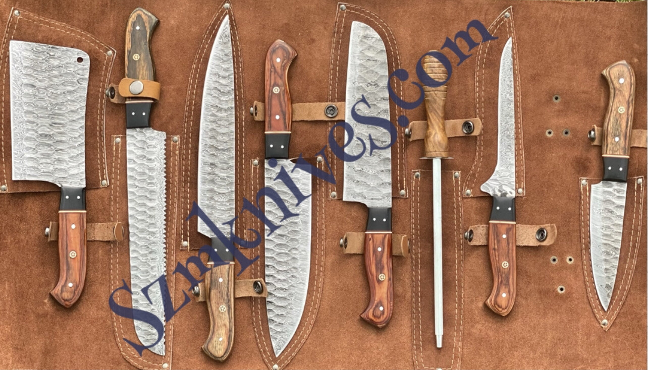 Damascus Hand Made Bbq Kitchen Set With The Leather Roll