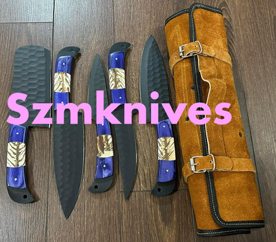 Hand Made 5 Pcs Carbon Steel Kitchen Knife With Leather Roll