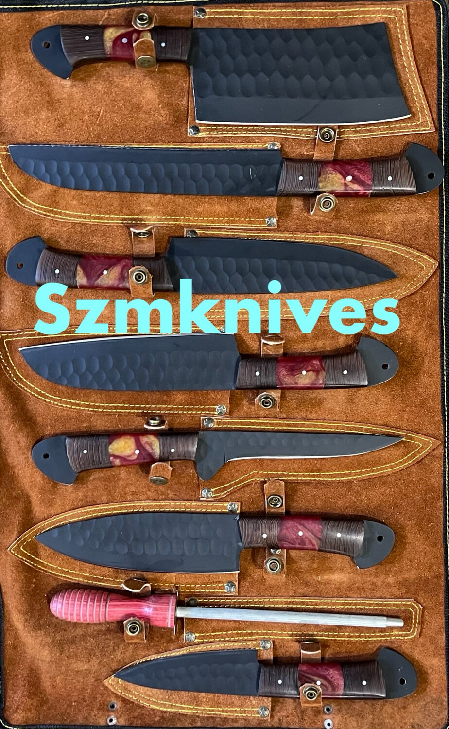 8 Pieces Hand Made Carbon Steel Kitchen Set With Leather Roll