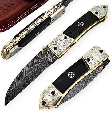 Damascus Pocket Knife With Leather Cover