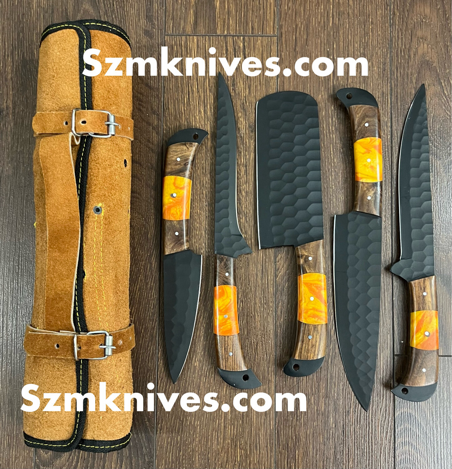 5 Pcs Hand Made Carbon Steel Kitchen Set With Yellow Resin Handles