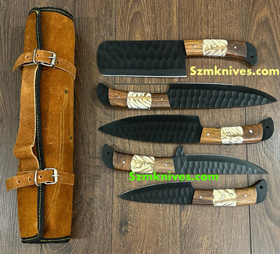 Hand Made 5 Pieces Carbon Steel Kitchen Set With Leather Bag