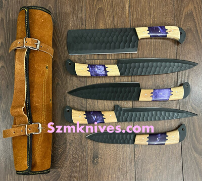 5 Pcs Hand Made Carbon Steel Kitchen Set With Purple Epoxy Resin.