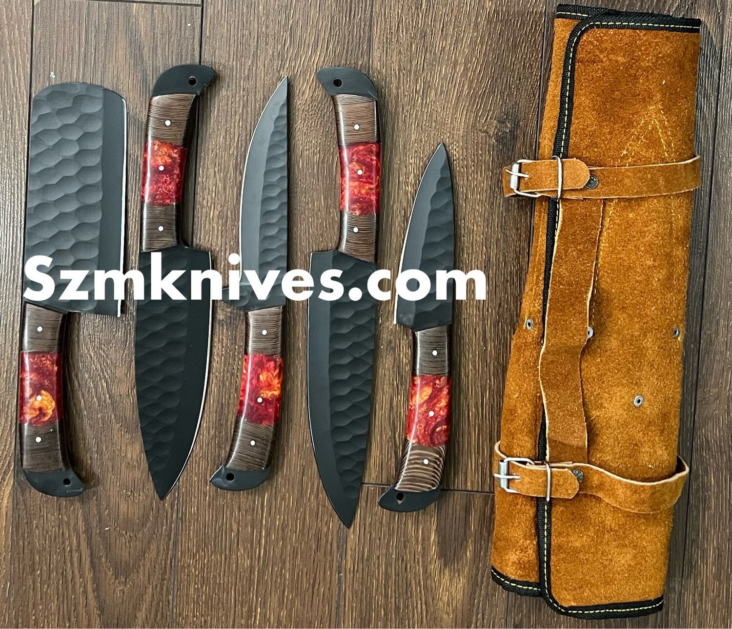 5 Pieces Hand Forged Carbon Steel Kitchen Set With Leather Bag