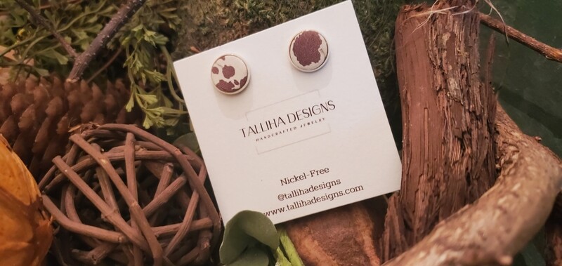 12mm Brown Cow Western Print Genuine Leather Stud Earrings
