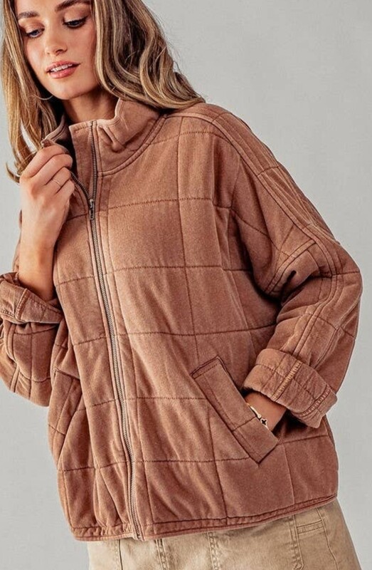 Quilted Knit Loose Fit Jacket- Tobacco