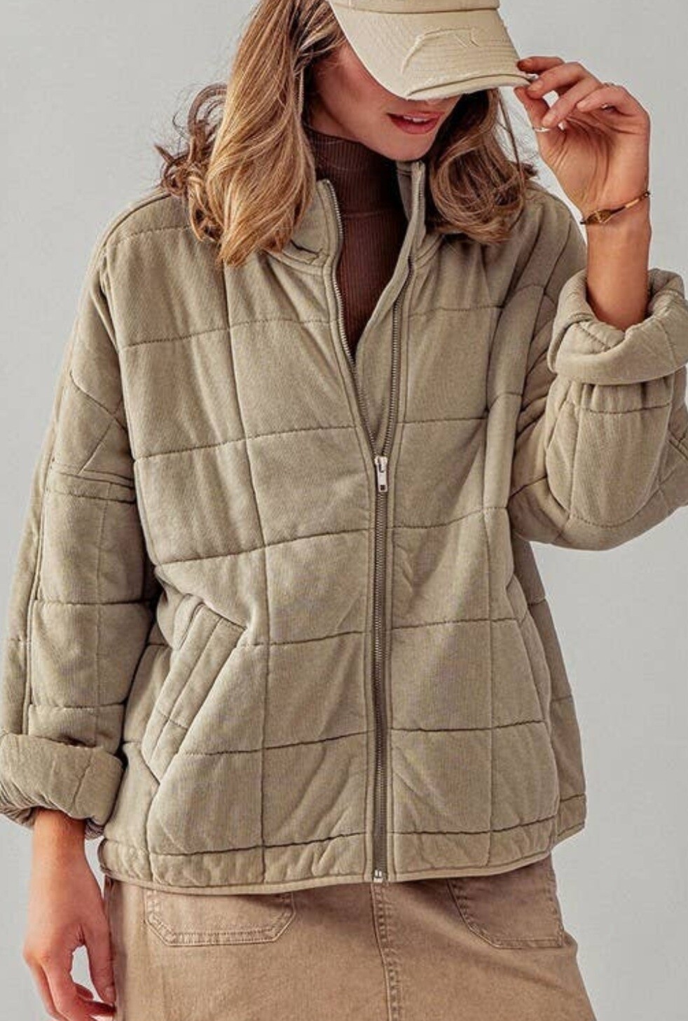 Quilted Knit Loose Fit Jacket- Olive
