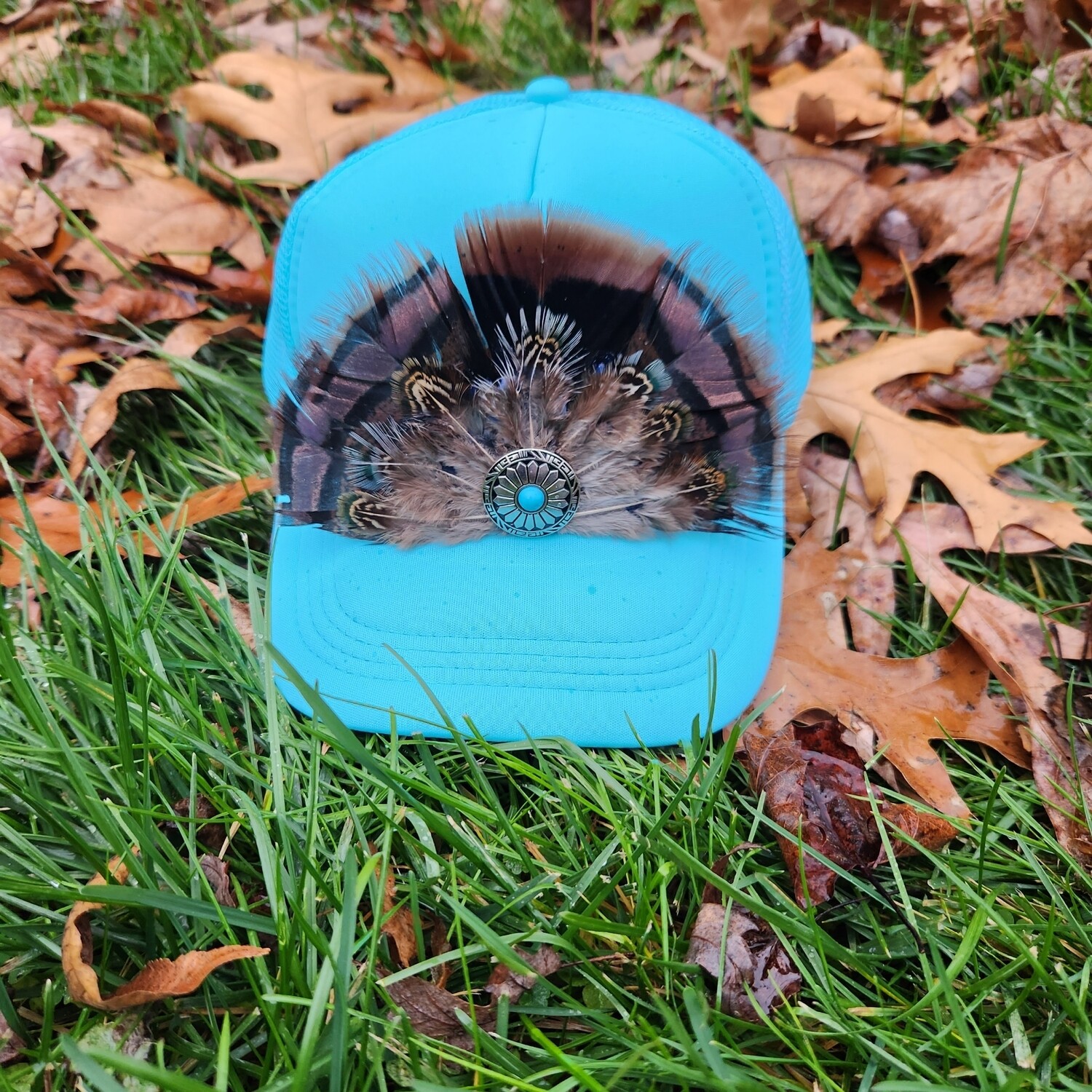 Trucker Hat W/Feathers -Turquoise