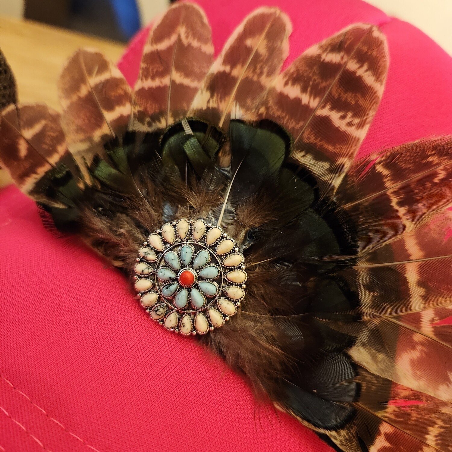 Trucker Hat W/Feathers- Hot Pink