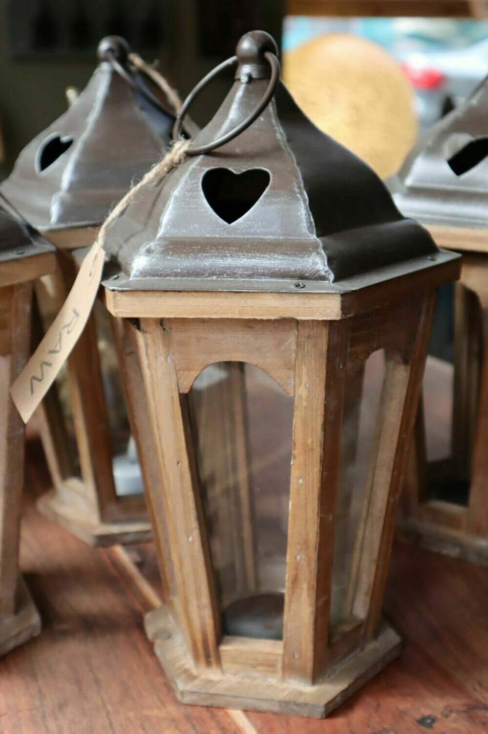 Hexagonal Wooden Lantern with Metal Top