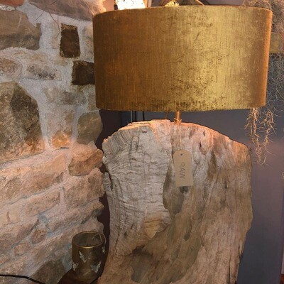 Wooden Lamp with Gold Velvet Shade