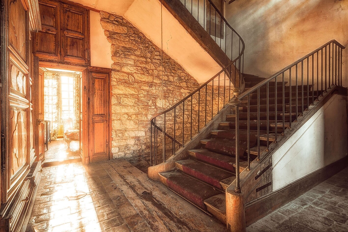 Quartz Glass Painting: Stone Building &amp; Stairs 120x80cm 