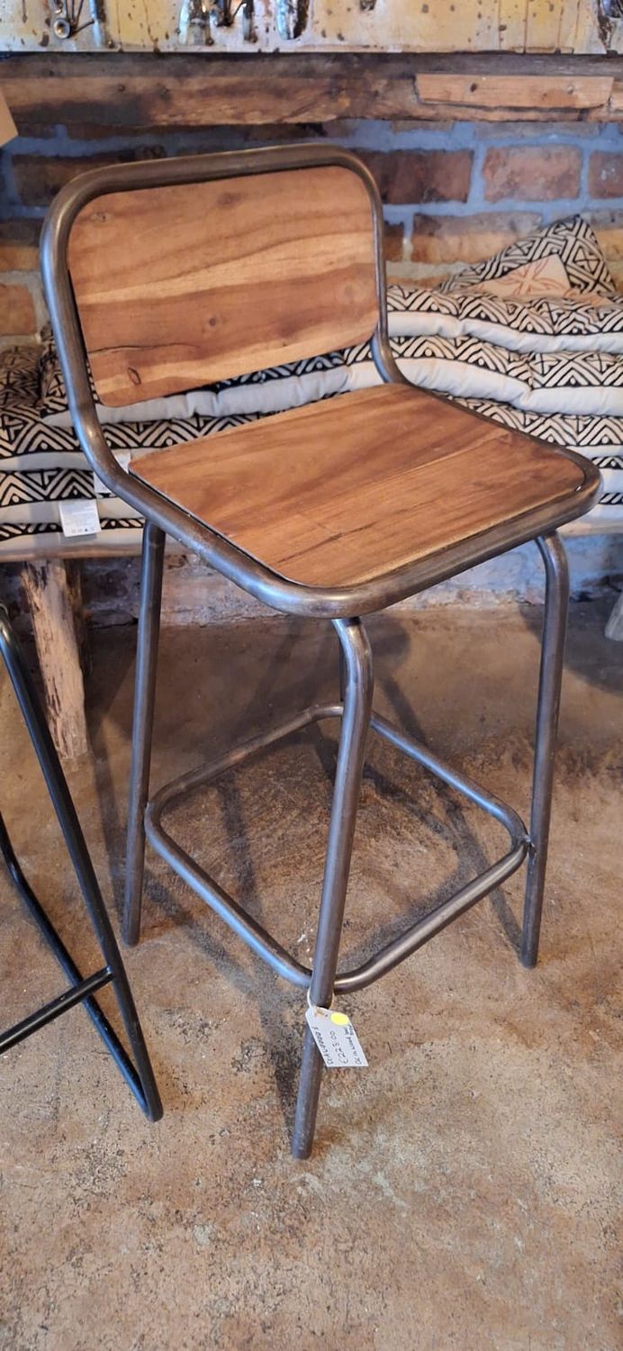 Acaciawood / iron bar stool w. backrest